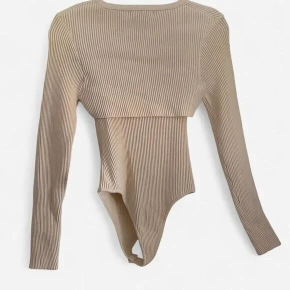 Restyled Cream Ribbed Knit Layered Bodysuit + Half Sweater Set – Size 6 / M 🤍✨ - Picture 3 of 8